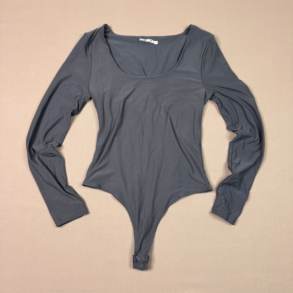 Pink Rose Charcoal Gray Long Sleeve Scoop Neck Thong Bodysuit Large